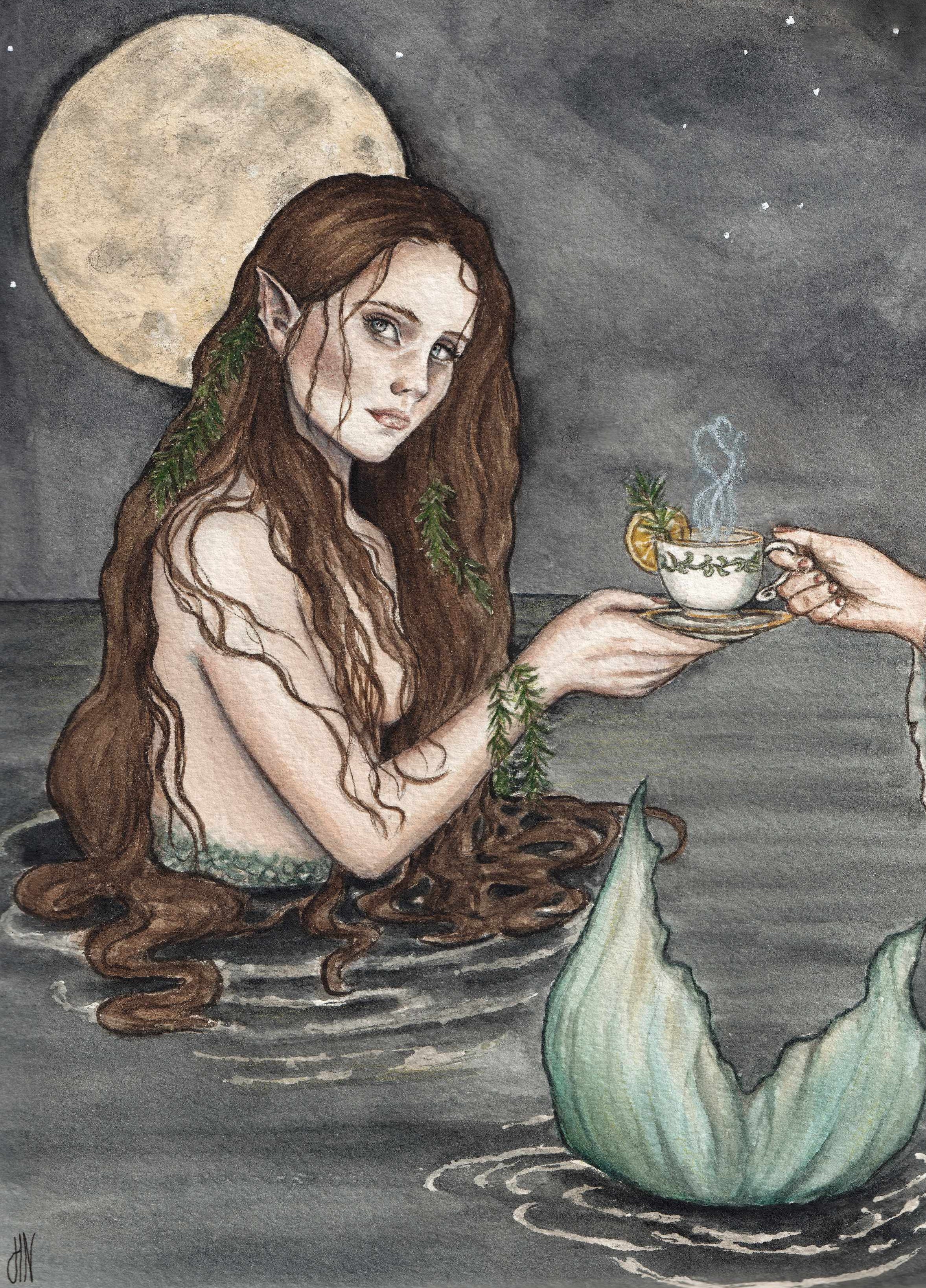 A fantasy illustration of a mermaid with long brown hair sitting in dark water under a large moon, offering a steaming teacup with a lemon slice from another hand. The mermaid tail is light green, and the background is a dark gray night sky with stars.